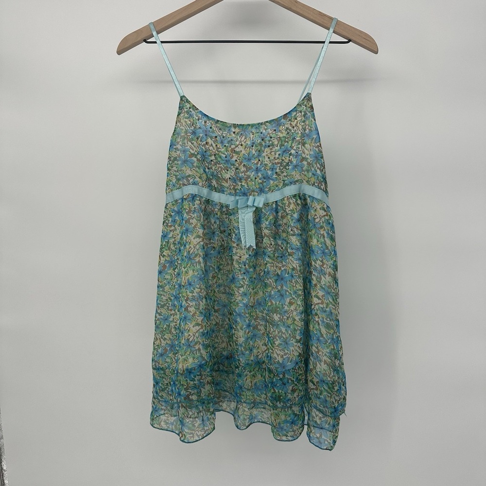Y2K Fairy Babydoll Tank Top Cami Blue Green‎ Floral Embellished Cottagecore L